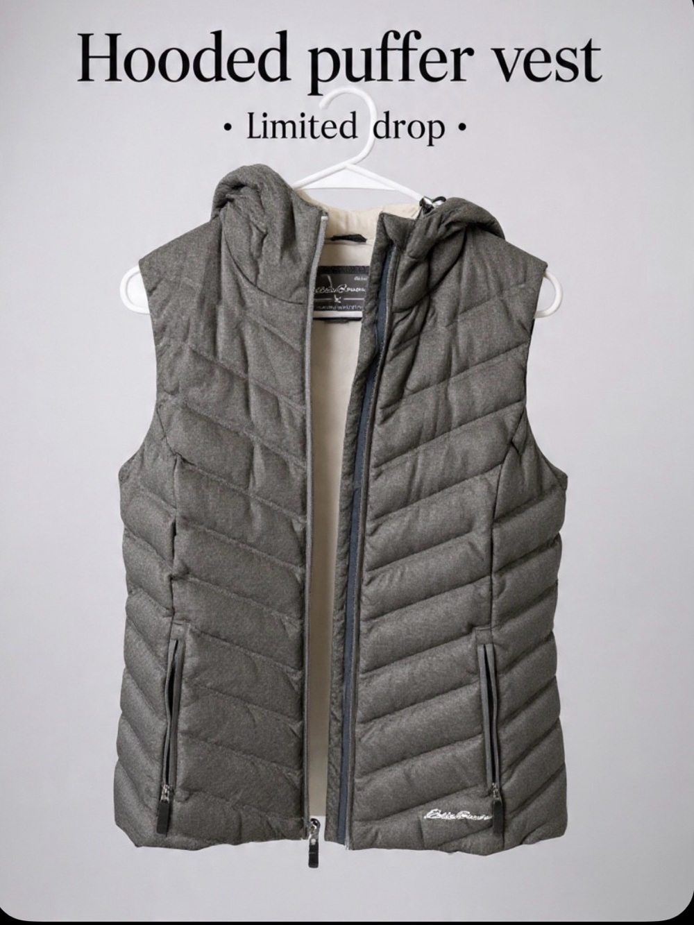 Eddie Bauer Heather Gray Quilted Hooded Puffer Vest